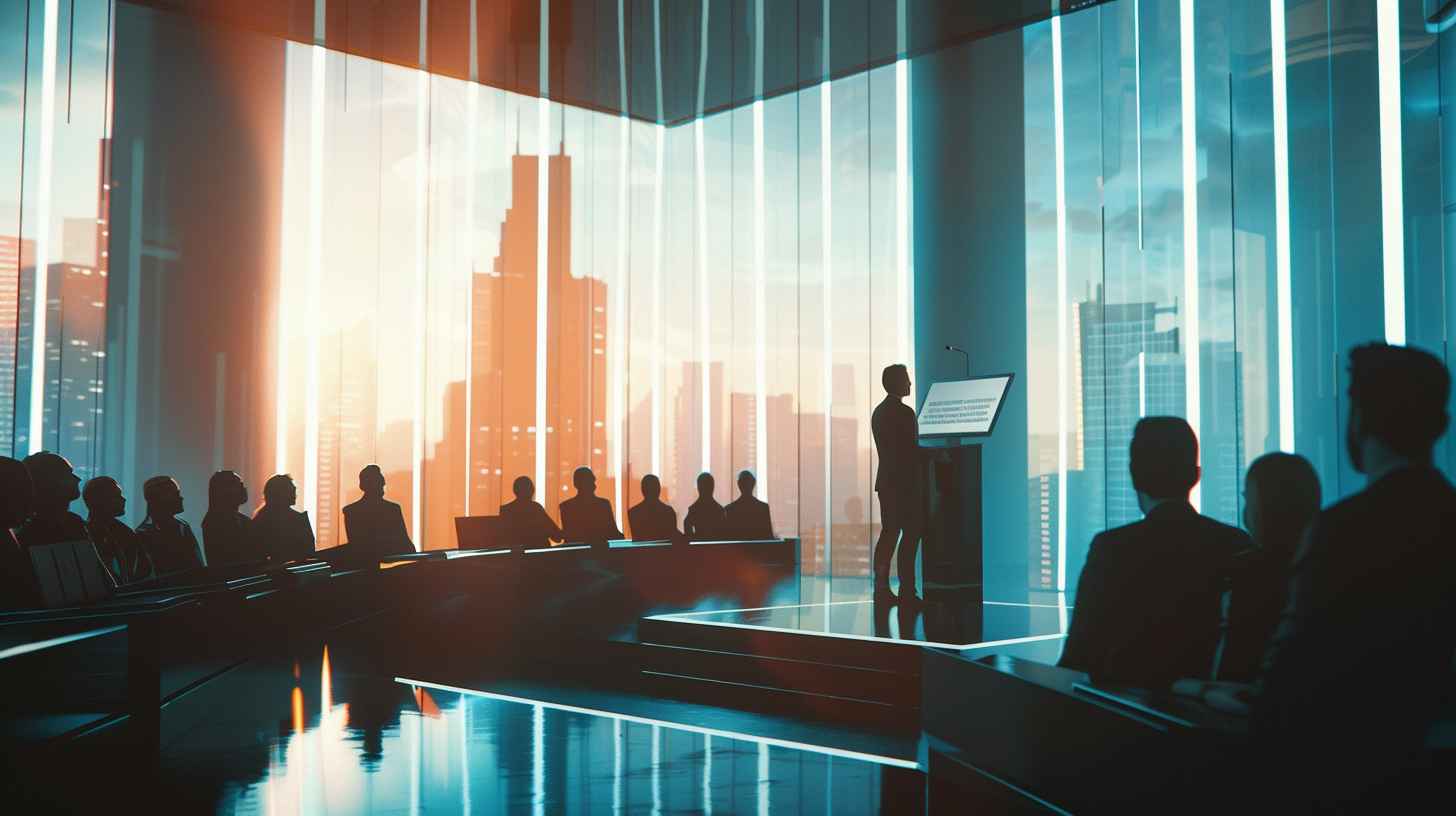 Modern futuristic courtroom with digital lectern and cityscape view.