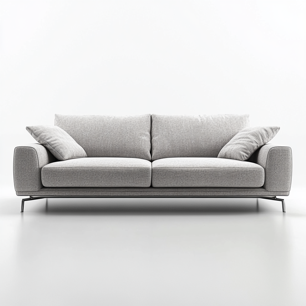 Modern gray sofa with metal legs, white background, high quality resolution.