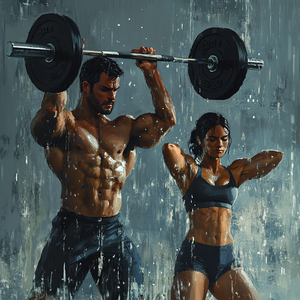 Modern gym scene with man and woman lifting barbell.