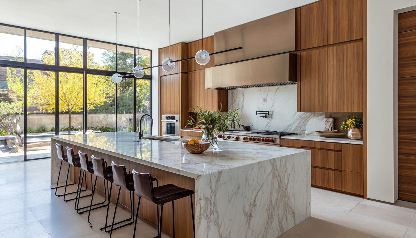 Modern kitchen island with marble countertop, wood cabinetry 