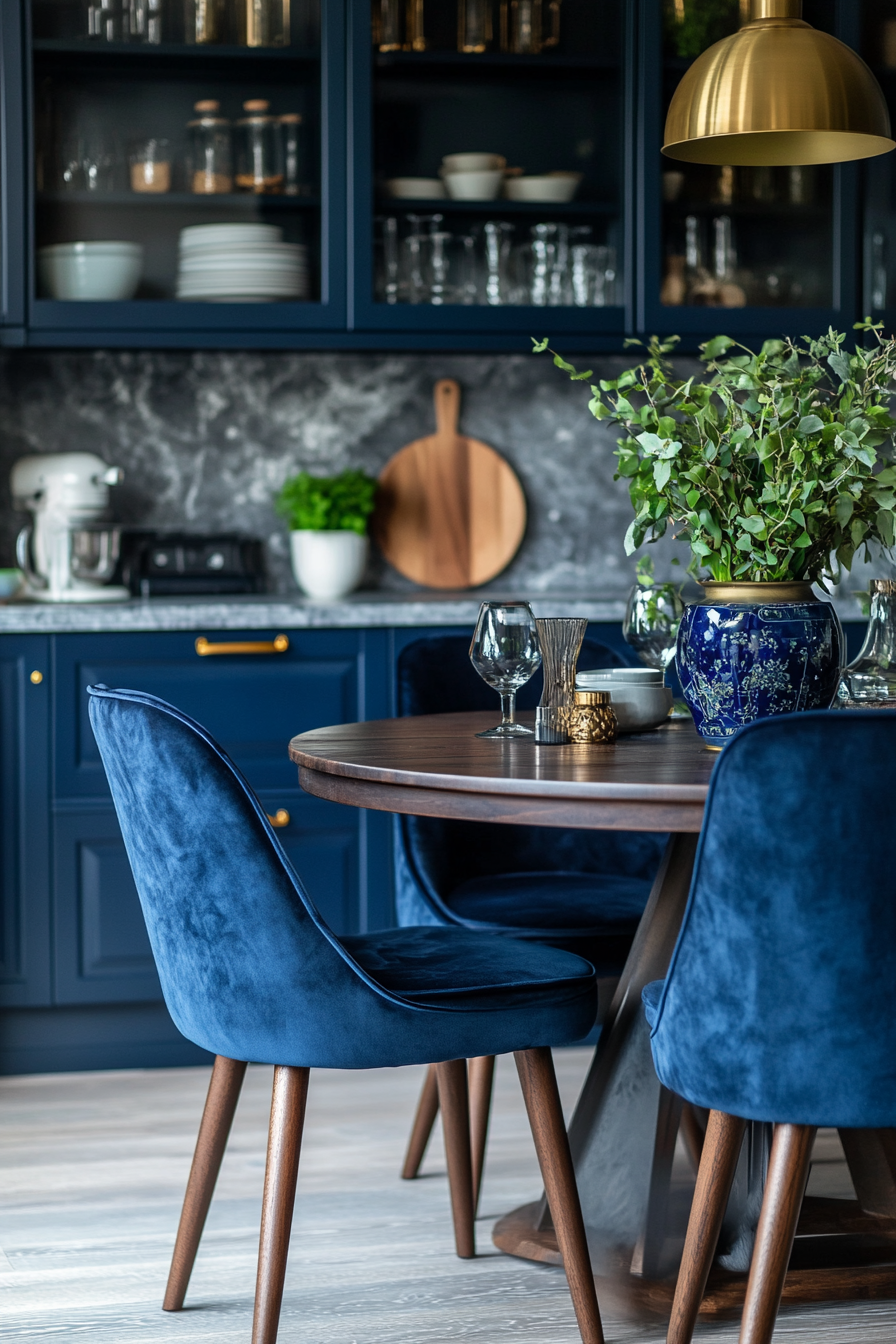 Modern kitchen with dark velvet chairs, stylish interior design.