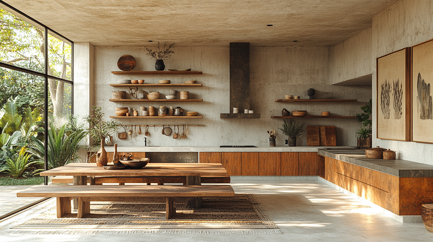 Modern kitchen with dining area, decorative shelves and vases.