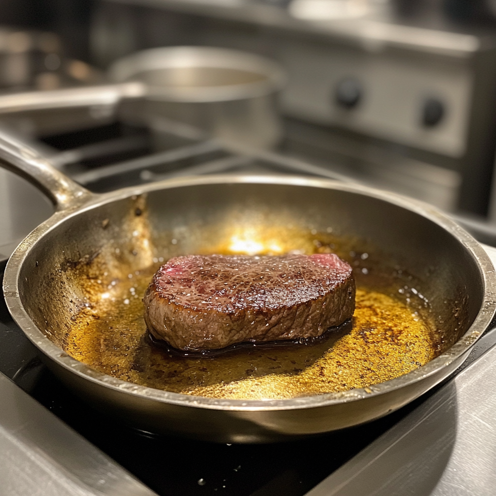 Modern kitchen with young man cooking steak