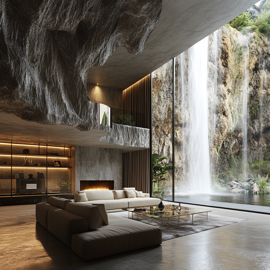 Modern living room in mansion under waterfall view