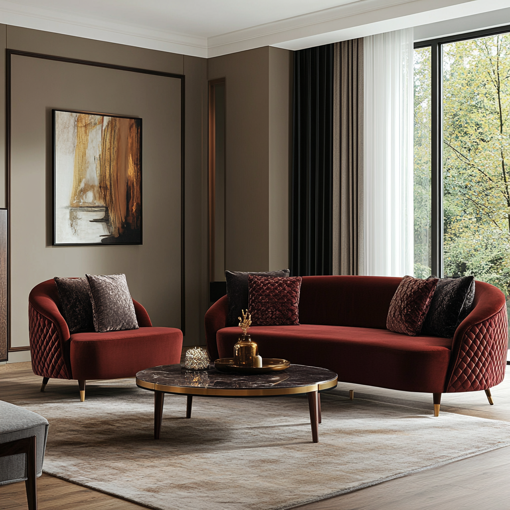 Modern living room with dark oak coffee tables.