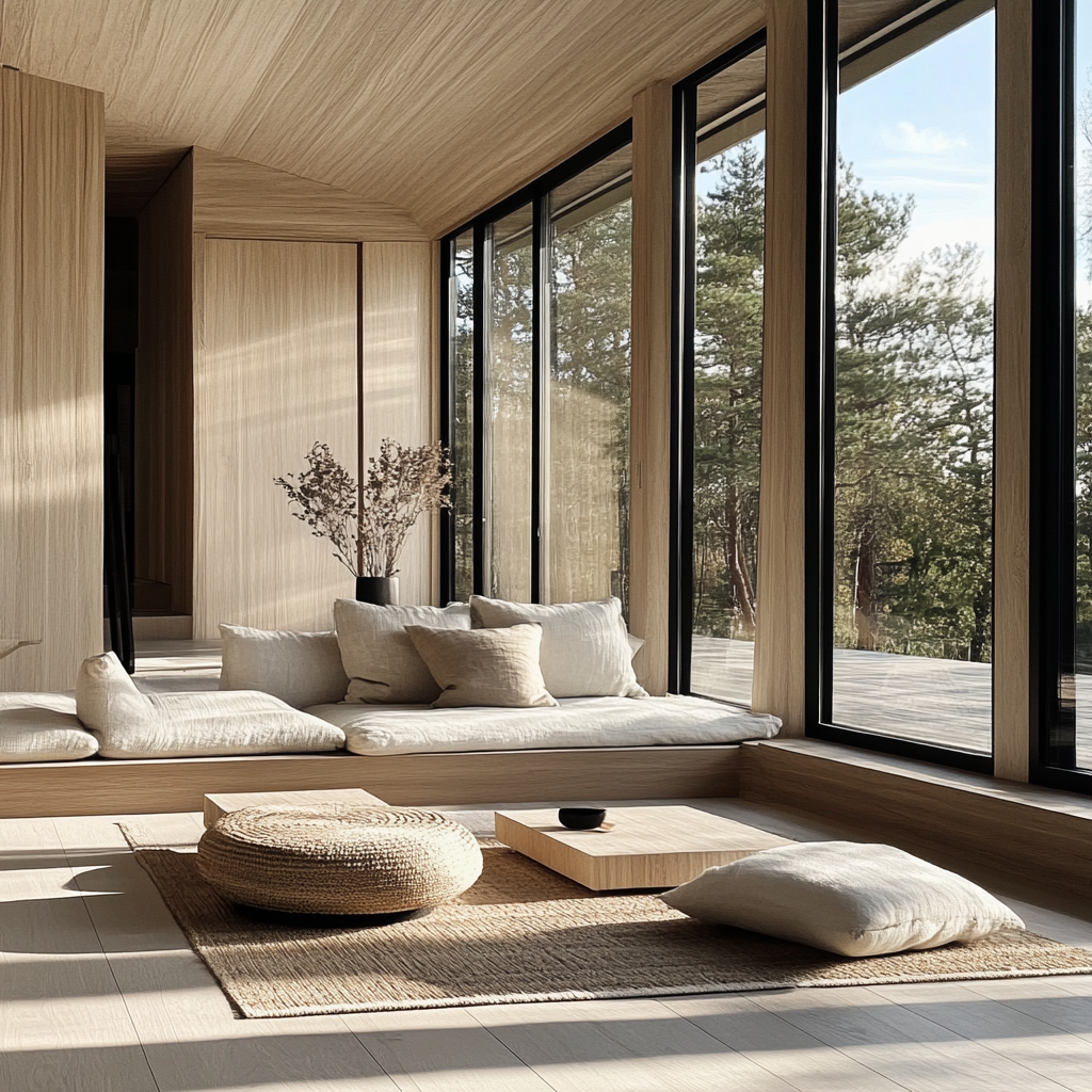 Modern living room with light wood and big windows.