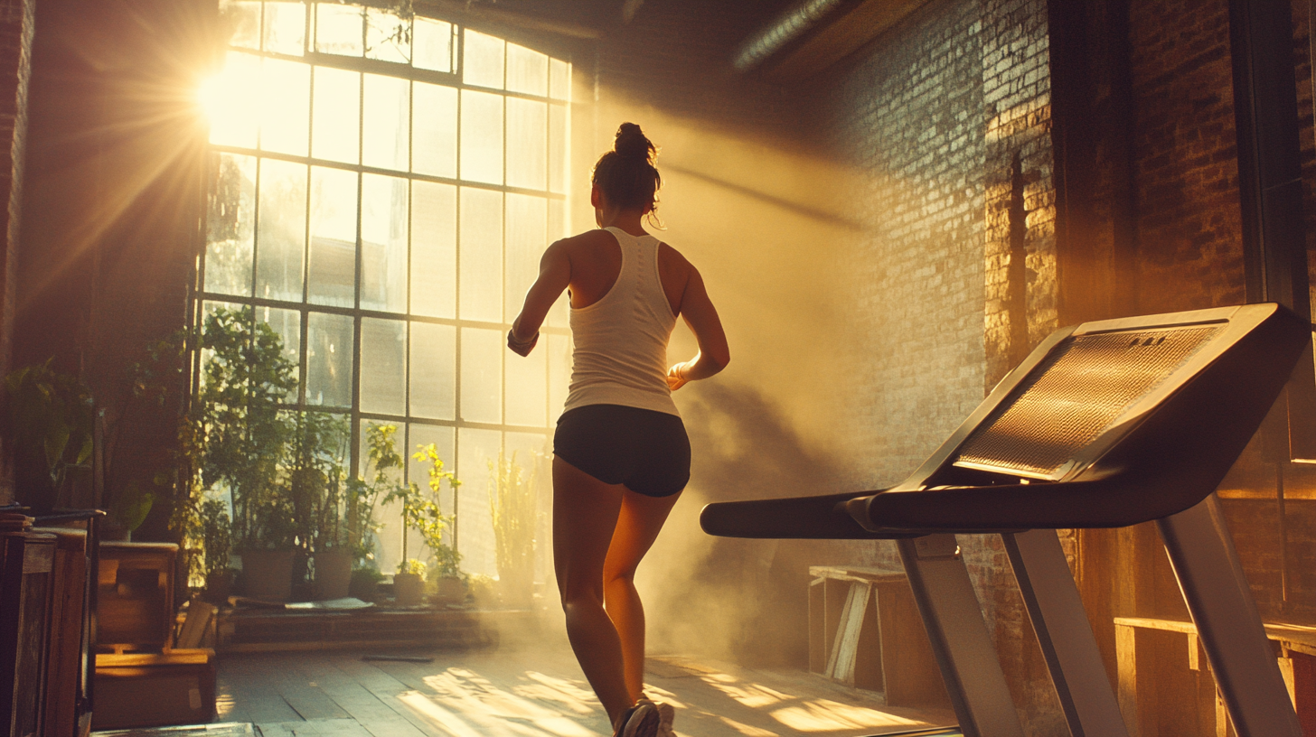 Modern loft set with mom on treadmill, cinematic film.