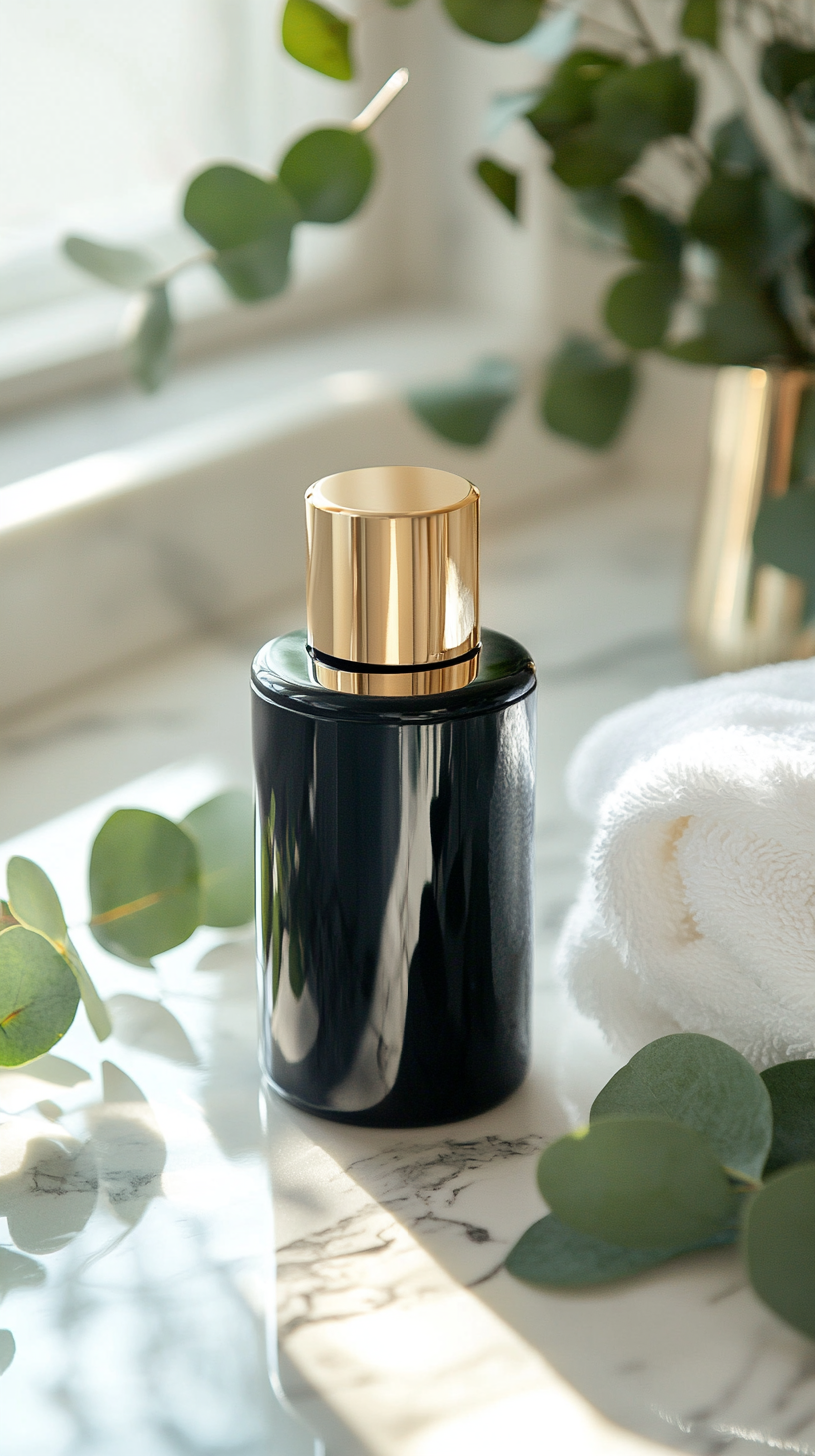 Modern luxurious shampoo bottle on marble countertop with towels.