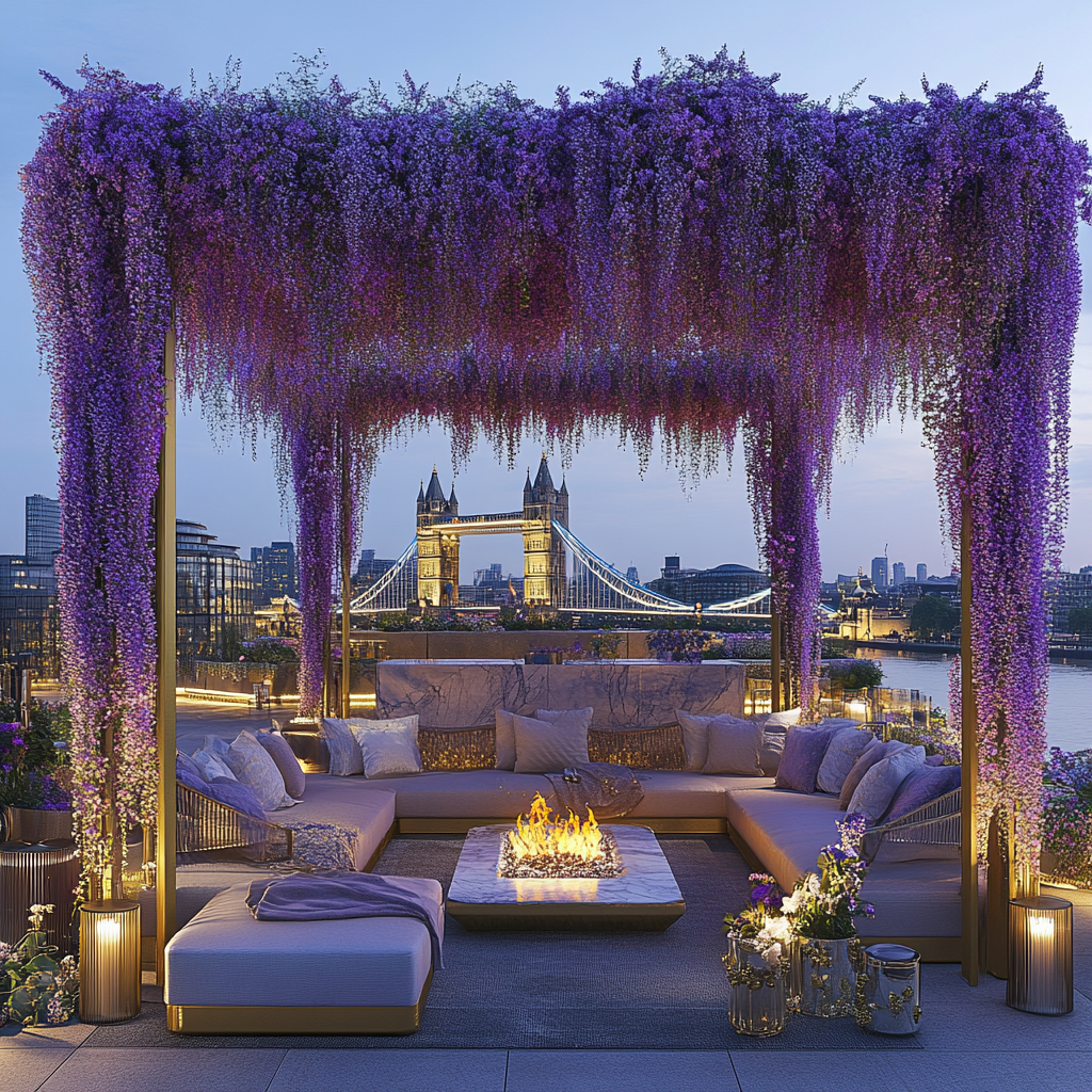 Modern luxury rooftop garden with London view & Tower Bridge.