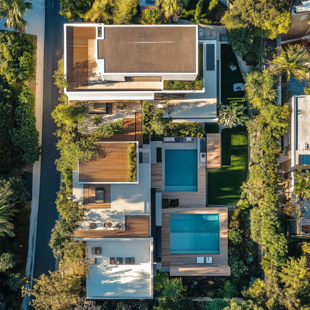 Modern main house with rooftop terrace, pool, guest house.