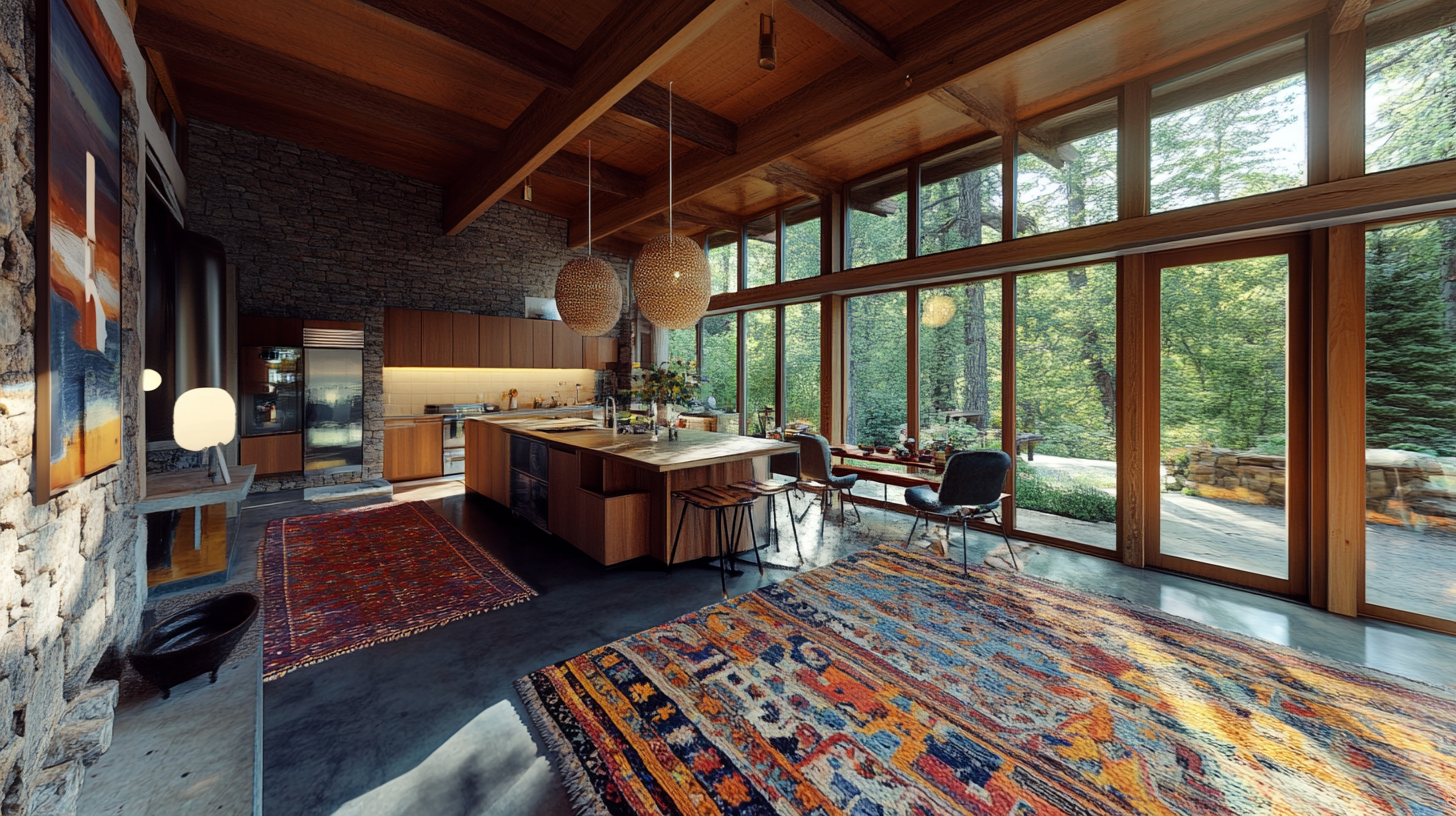 Modern mid-century cabin with open layout and large windows.