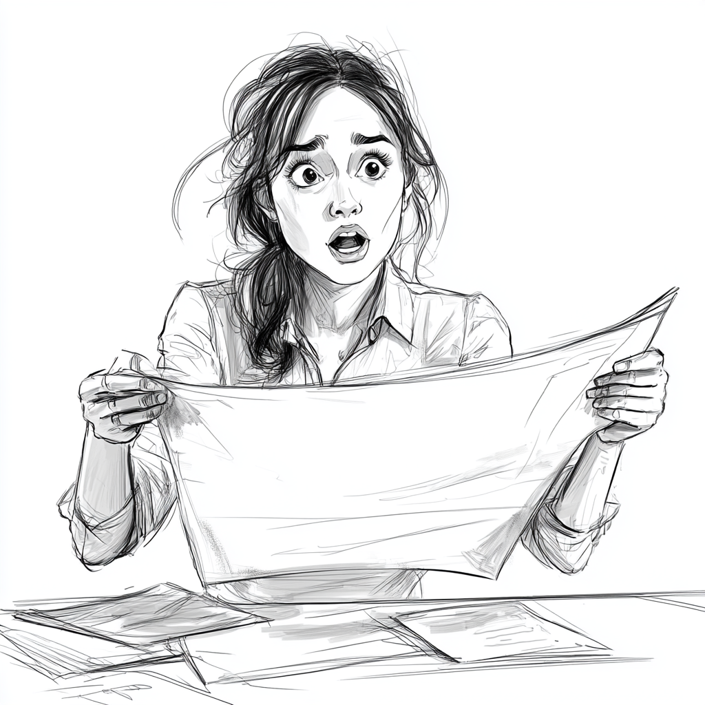 Modern office girl surprised holding long paper sketch.