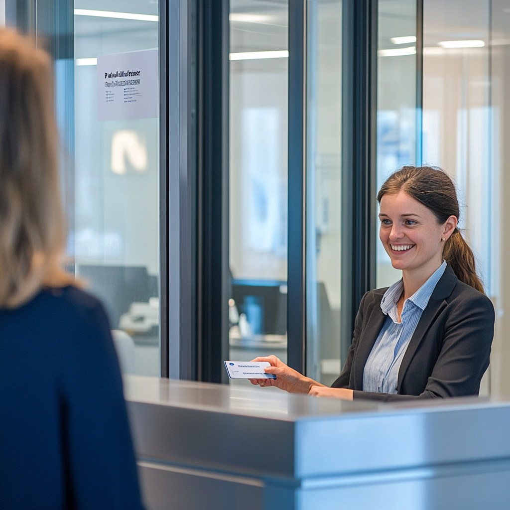 Modern office lobby scene with friendly receptionist welcoming guests.