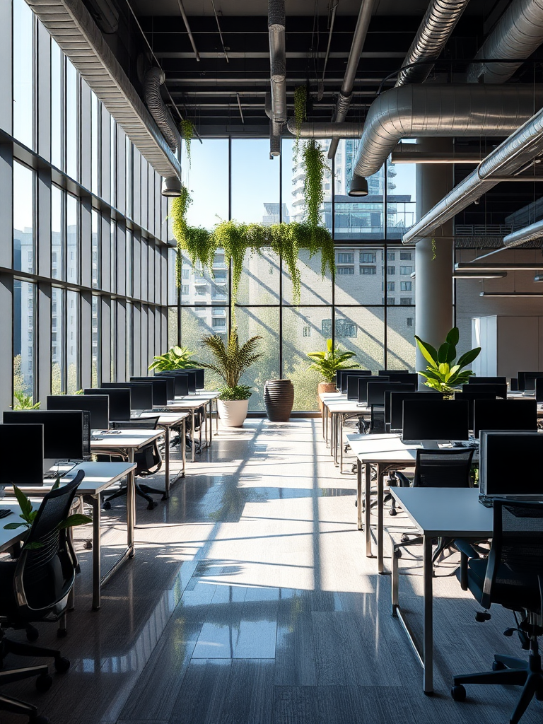 Modern office space with natural light and plants