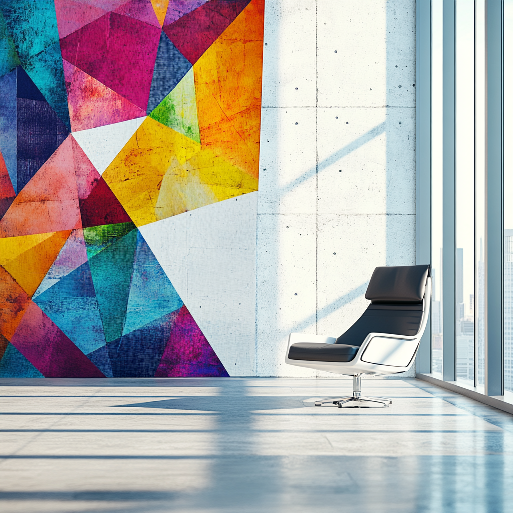 Modern office with geometric vinyl print and sleek chair.