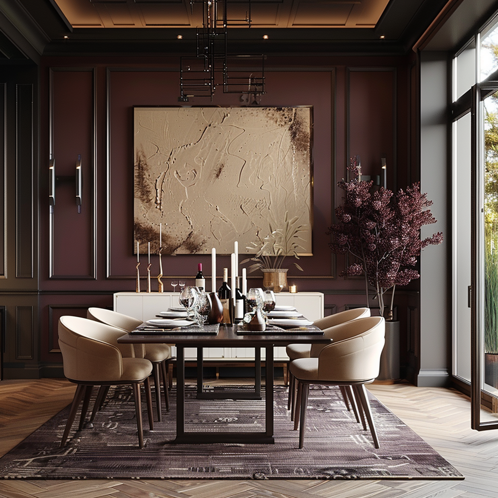 Modern organic dining room with cream chairs and art.