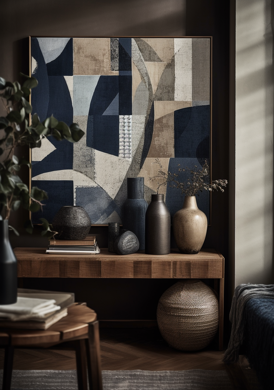 Modern painting with dark blue and beige colors and white.