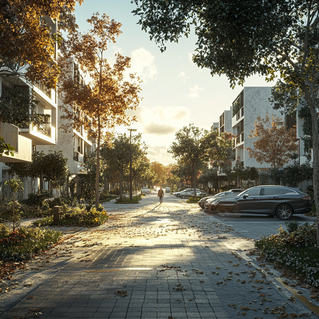 Modern park-street in southern Europea, a few cars parked