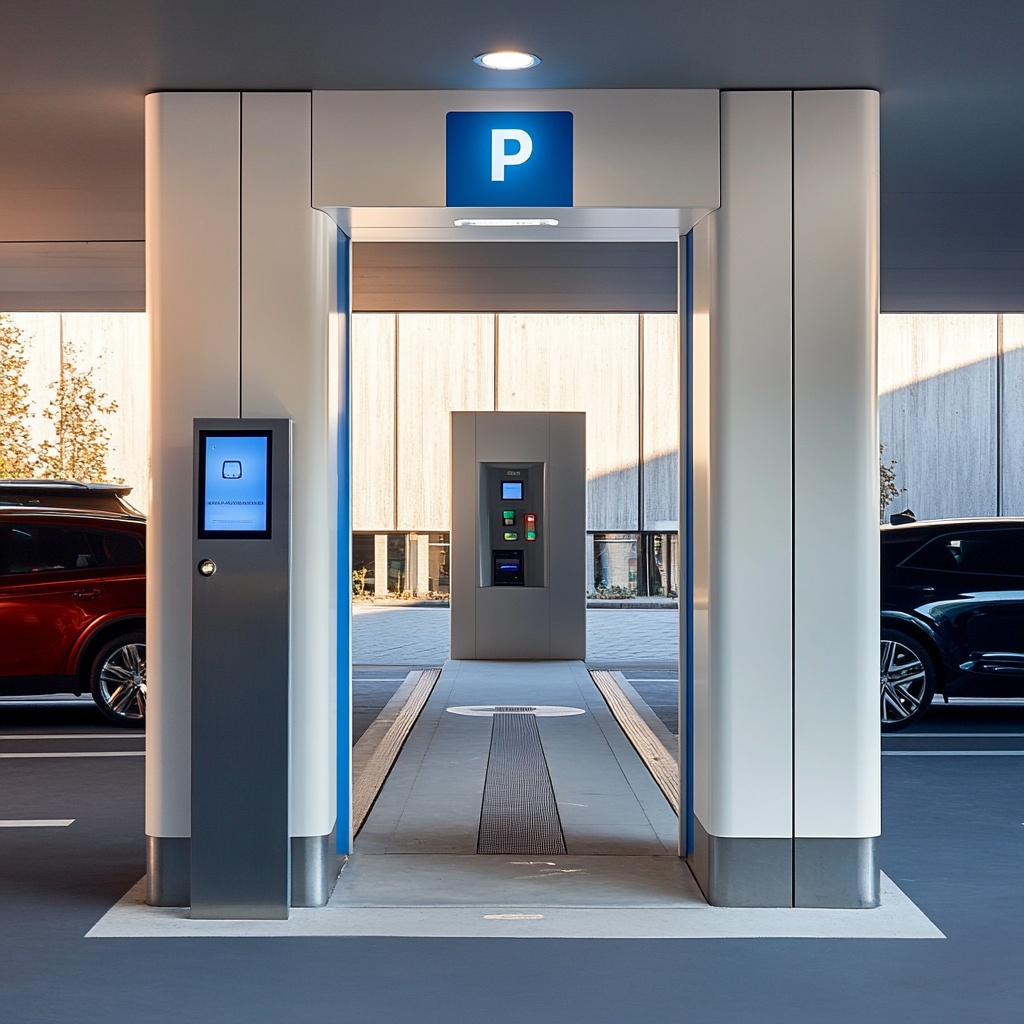 Modern parking lot entrance with P sign