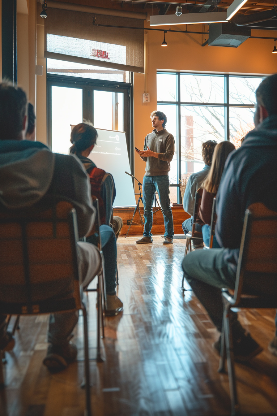 Modern public speaking workshop with participant delivering speech.