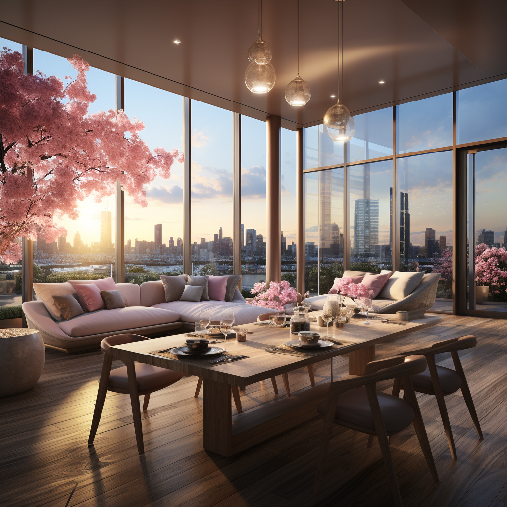 Modern residential building with large windows, pink accents, wooden wine cabinets, and white carpets.