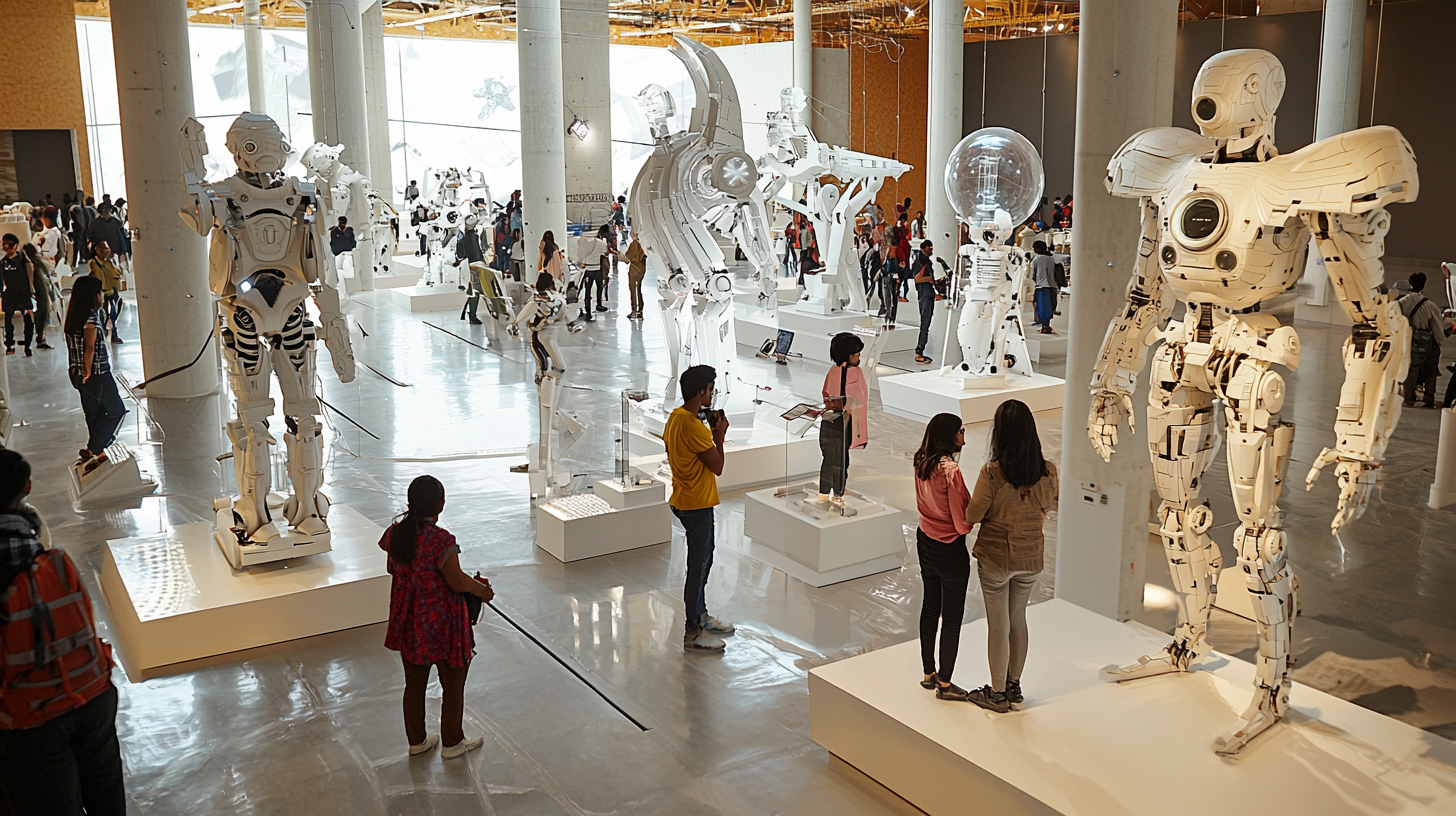 Modern science museum with Indian people observing holograms.