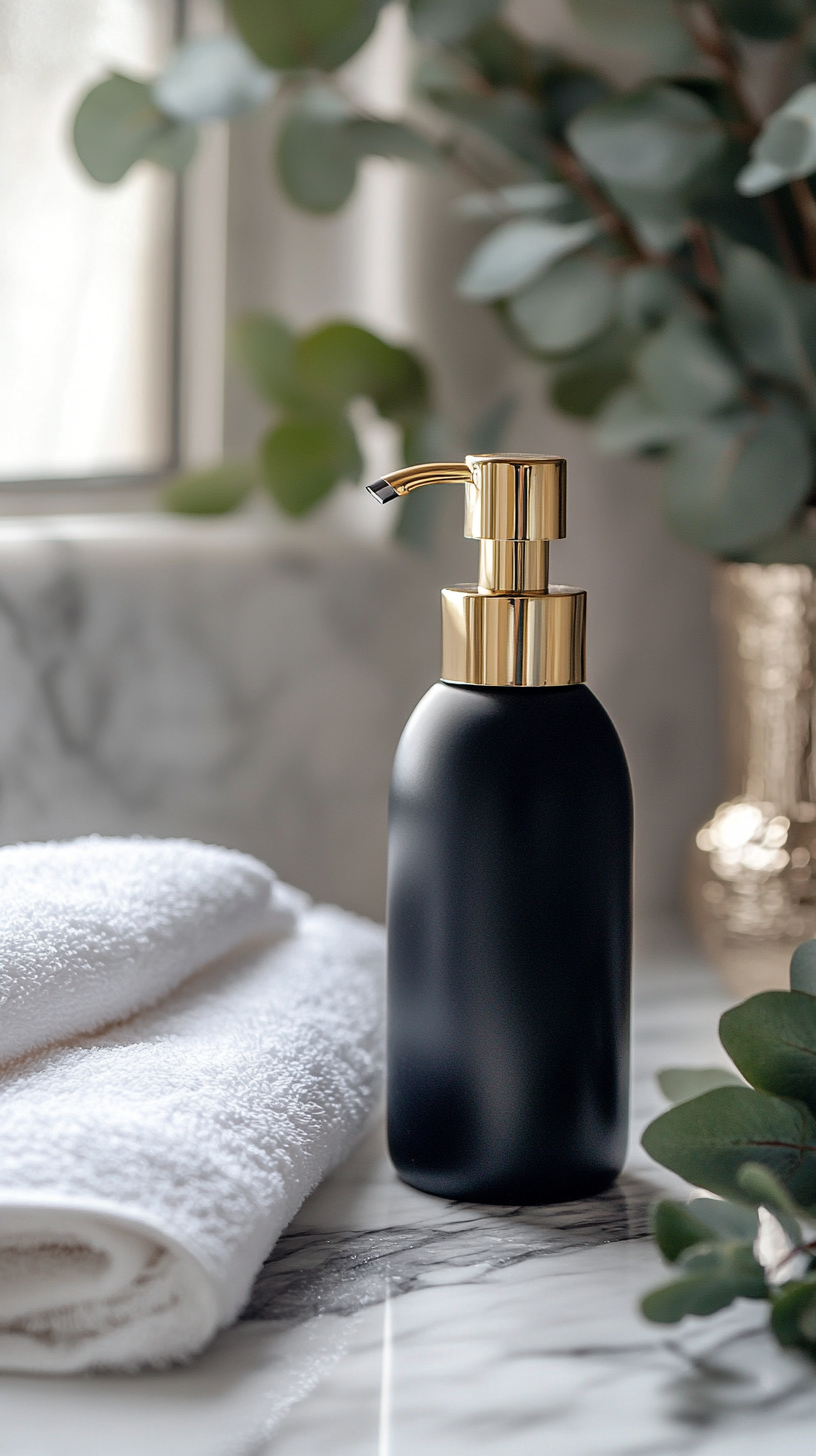 Modern shampoo bottle on marble counter with eucalyptus.