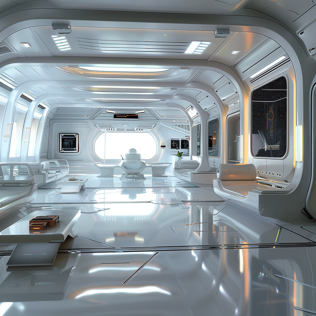 Modern space station interior with advanced technology integration.