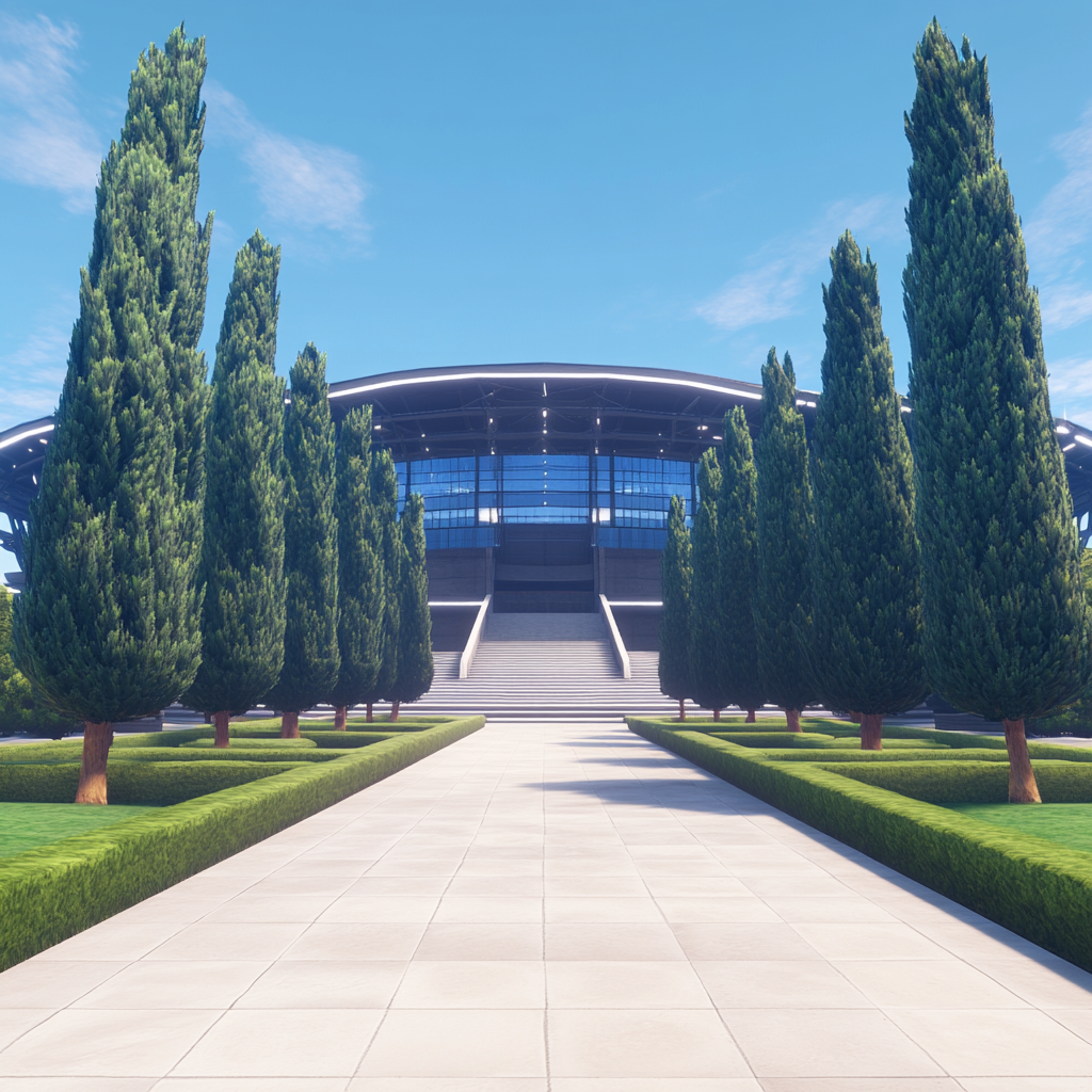 Modern stadium entrance with Roman inspiration, tunnel lights, electronic signage.