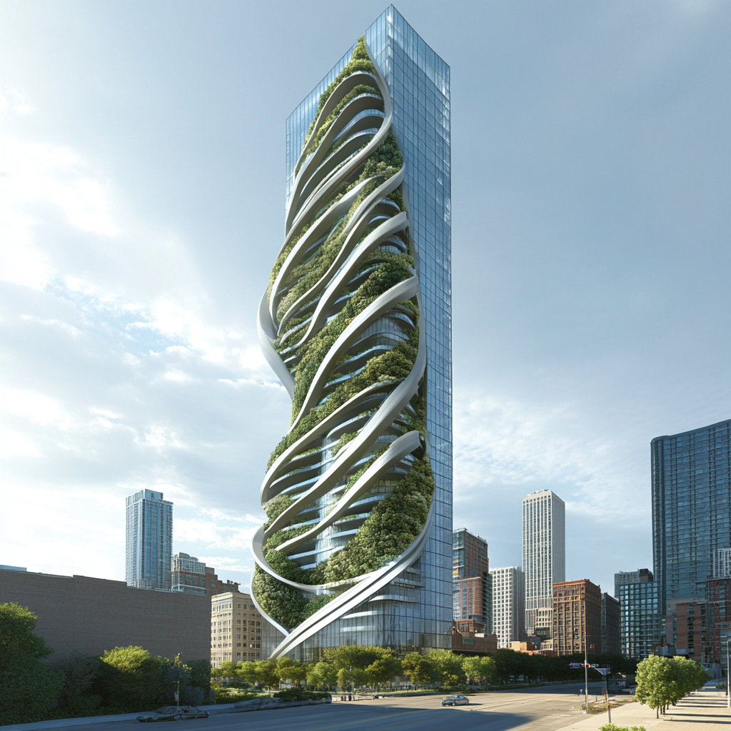 Modern tower with reflective glass, organic forms, green terraces.