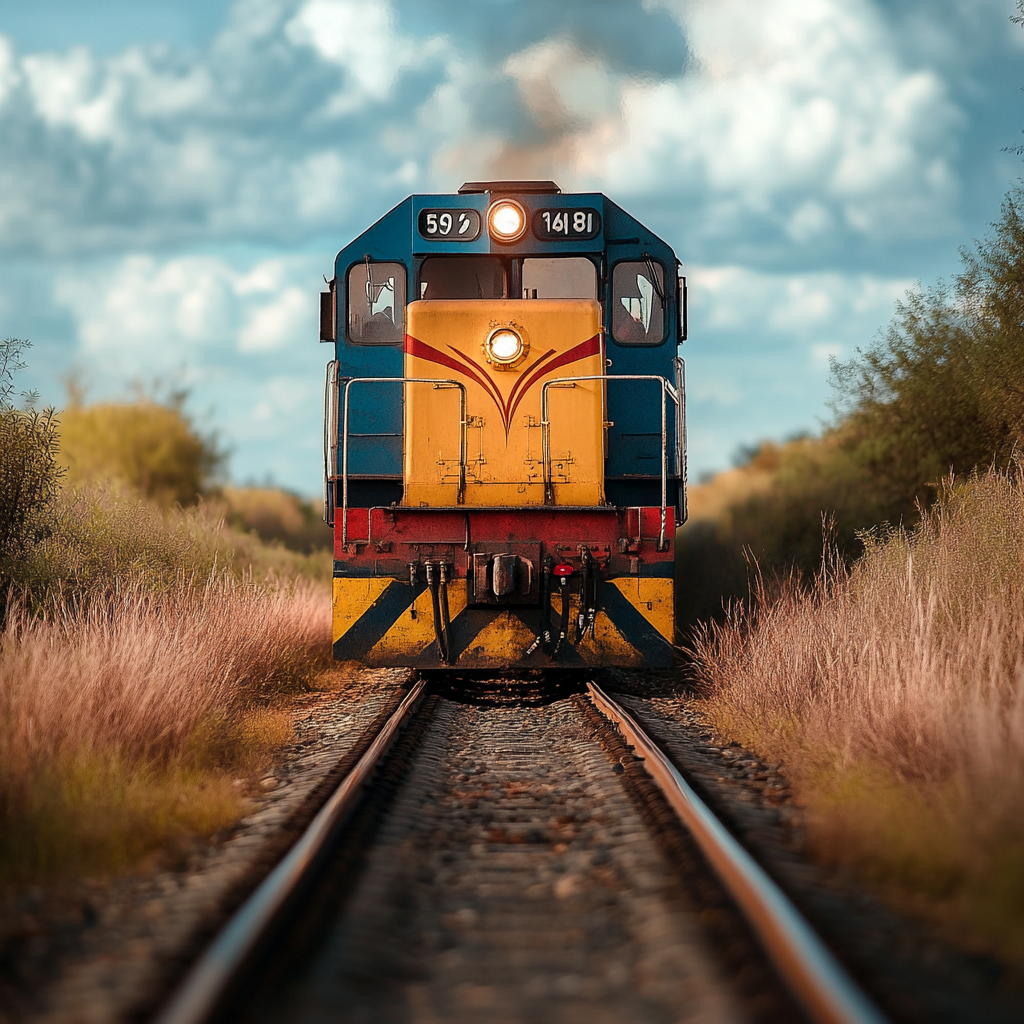 Modern train in Latin America, colorful front view.