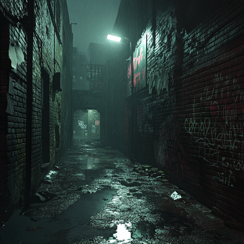 Modern urban horror game concept art in London alley.