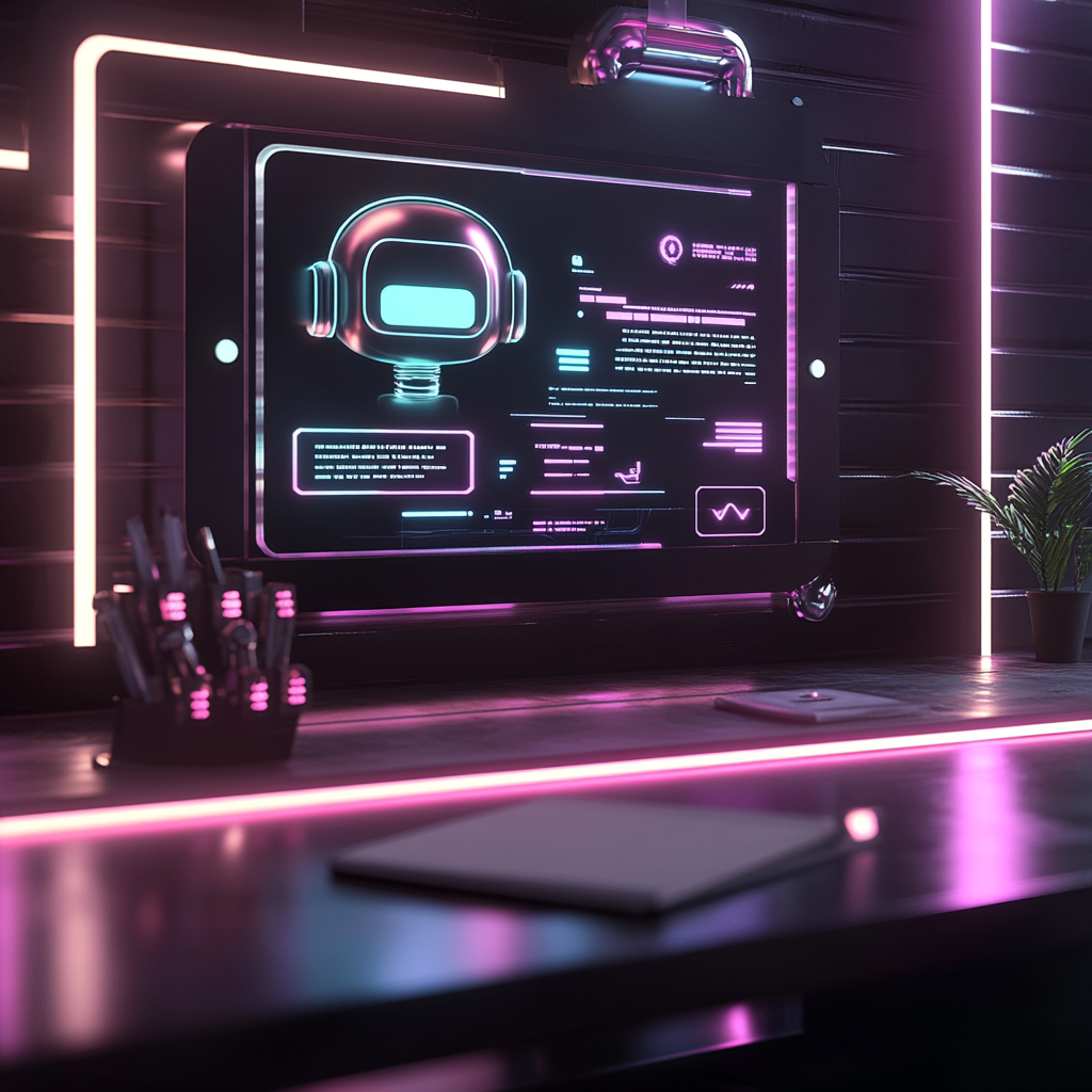 Modern workspace with holographic chatbot engaging with users.