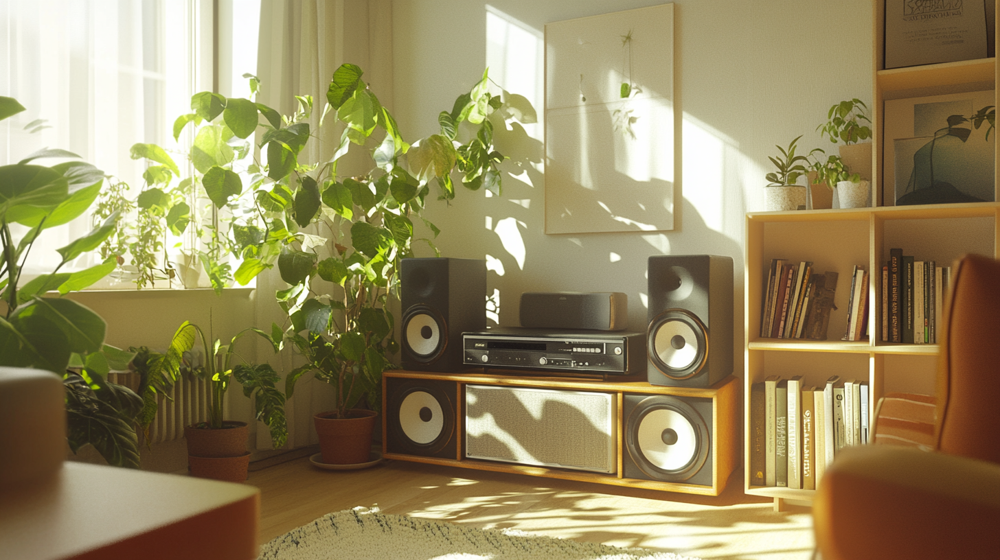 Modernist apartment room with sound system and plants.