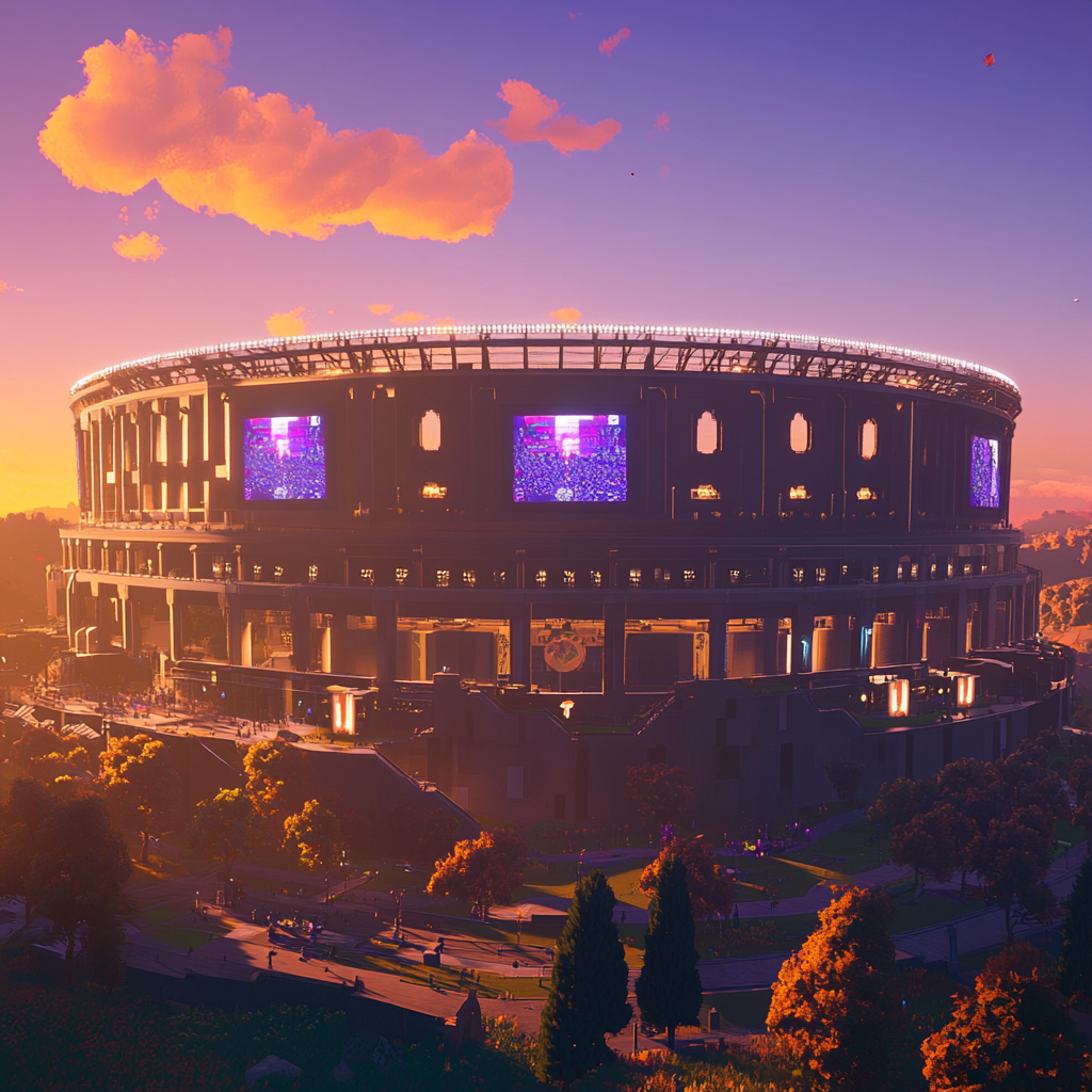 Modernized Roman colosseum, digital fans watch virtually, electronic billboards.