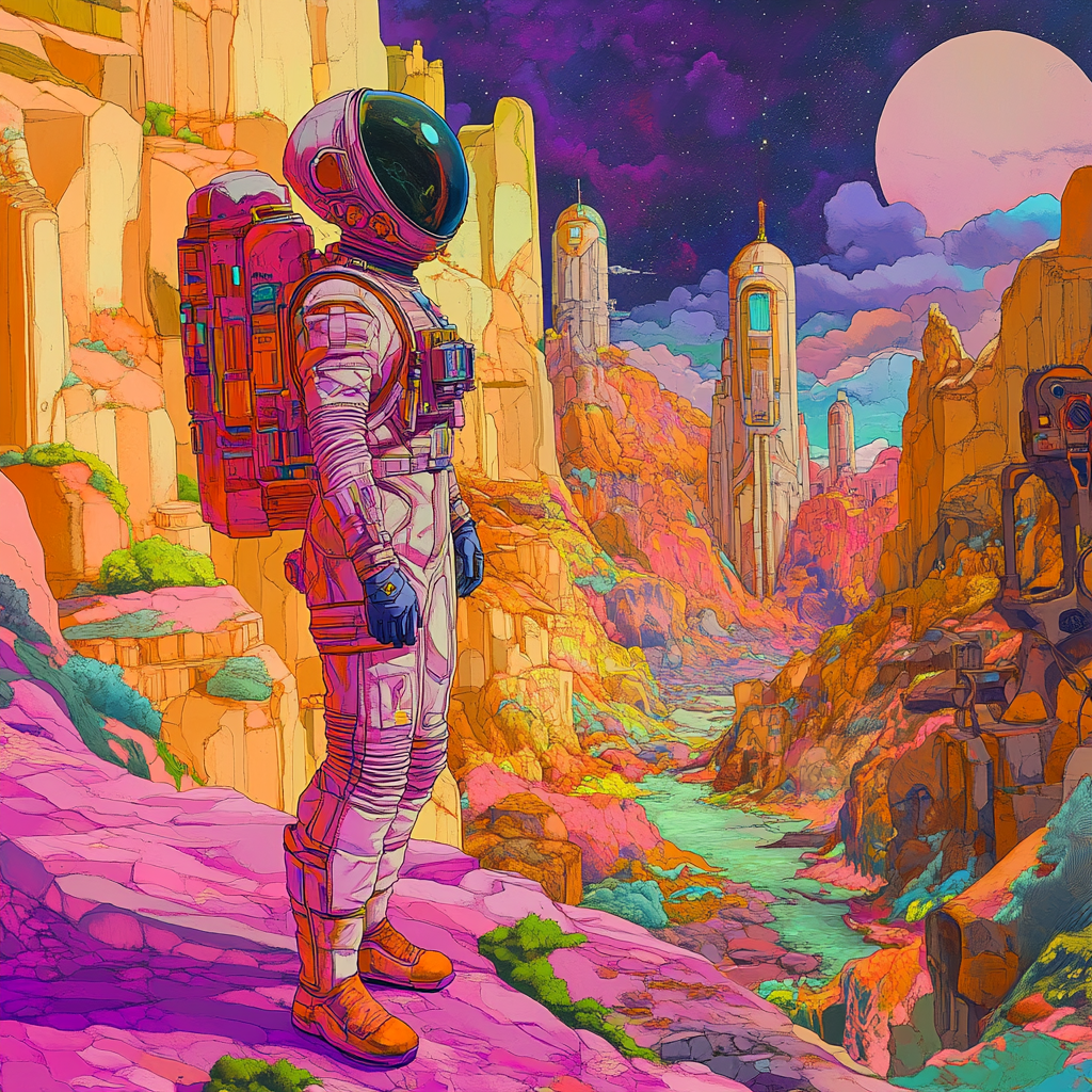 Moebius-inspired alien explorer in vibrant, surreal space environment