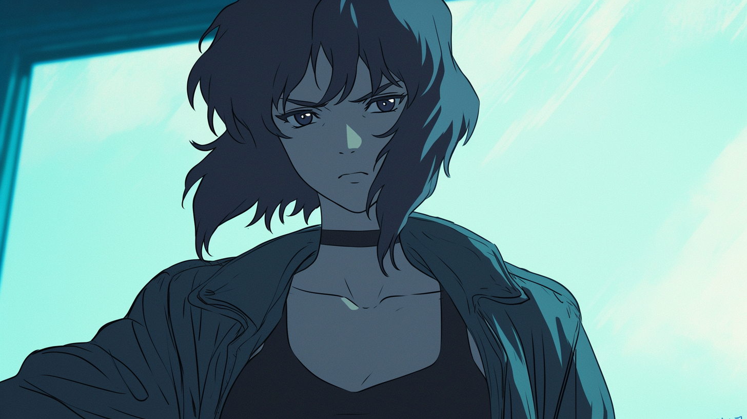 Mokoto Kusanagi appearing in cyberpunk anime style art.