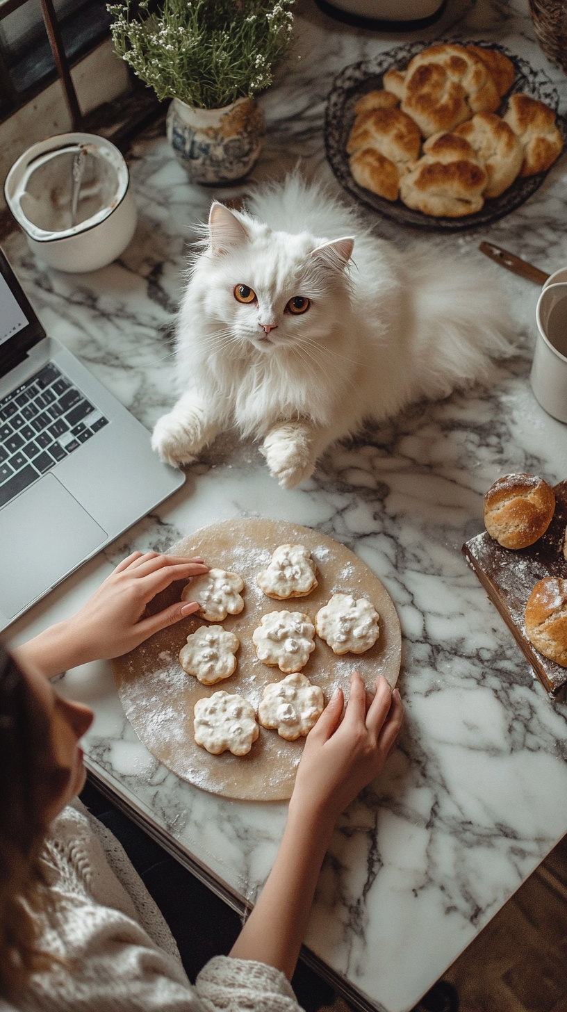 Mom and daughter baking cookies with cat watching