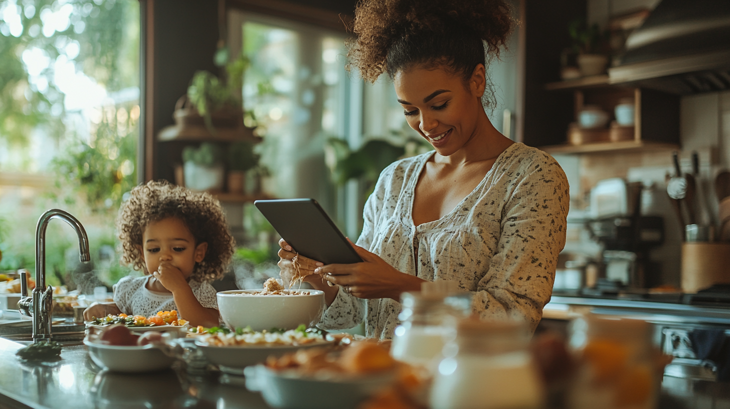 Mom in modern kitchen makes healthy breakfast with kids.