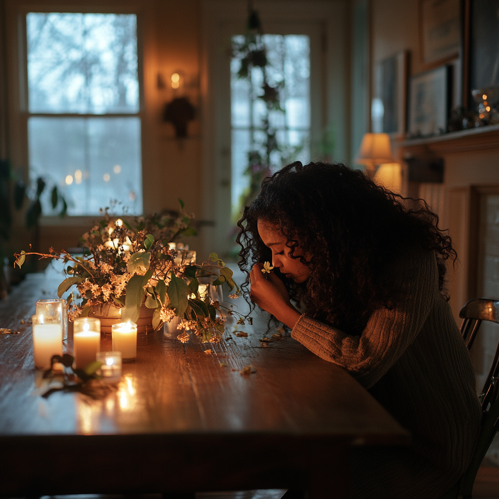 Mom smelling winter flower in elegant home