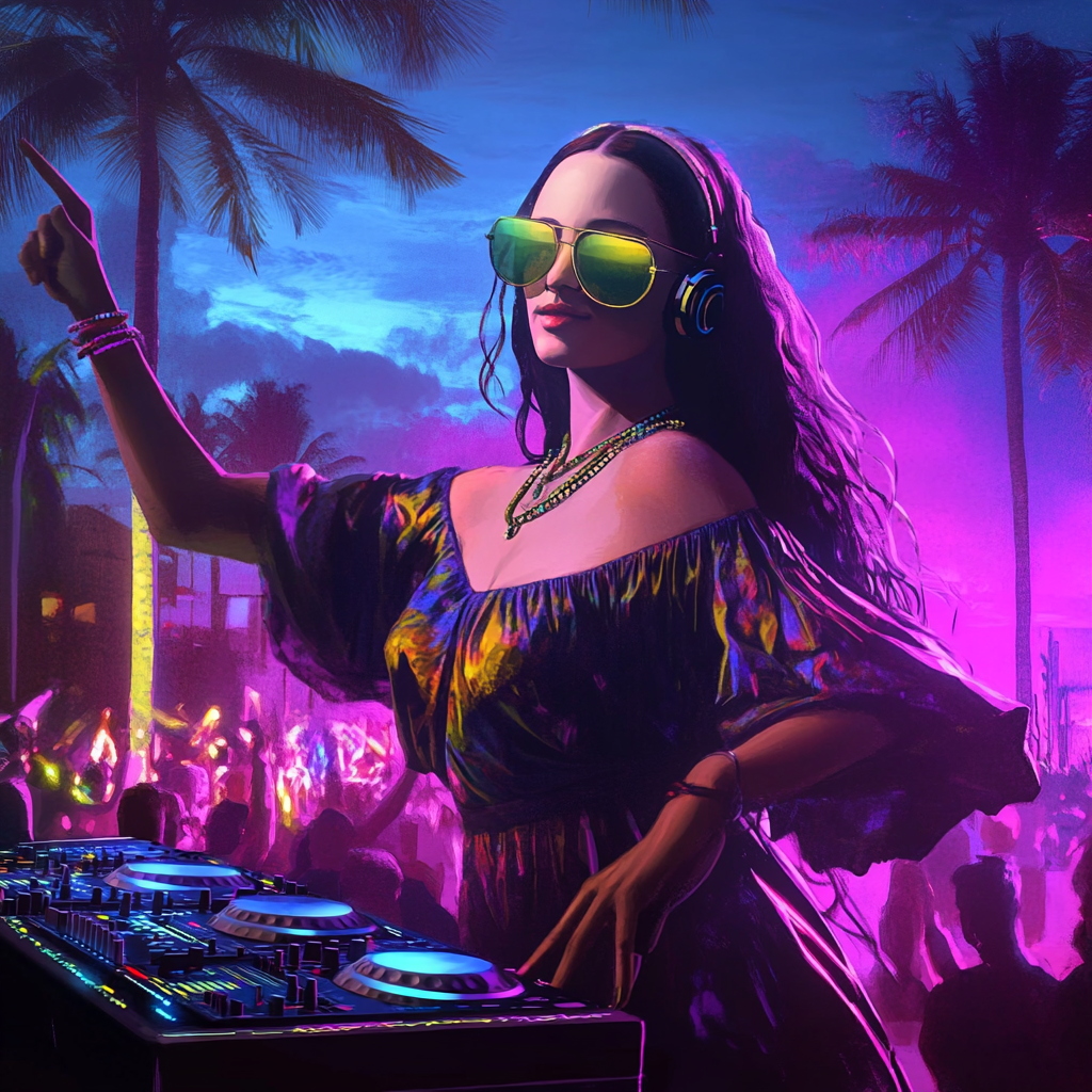 Mona Lisa at Miami Beach club dancing happily.