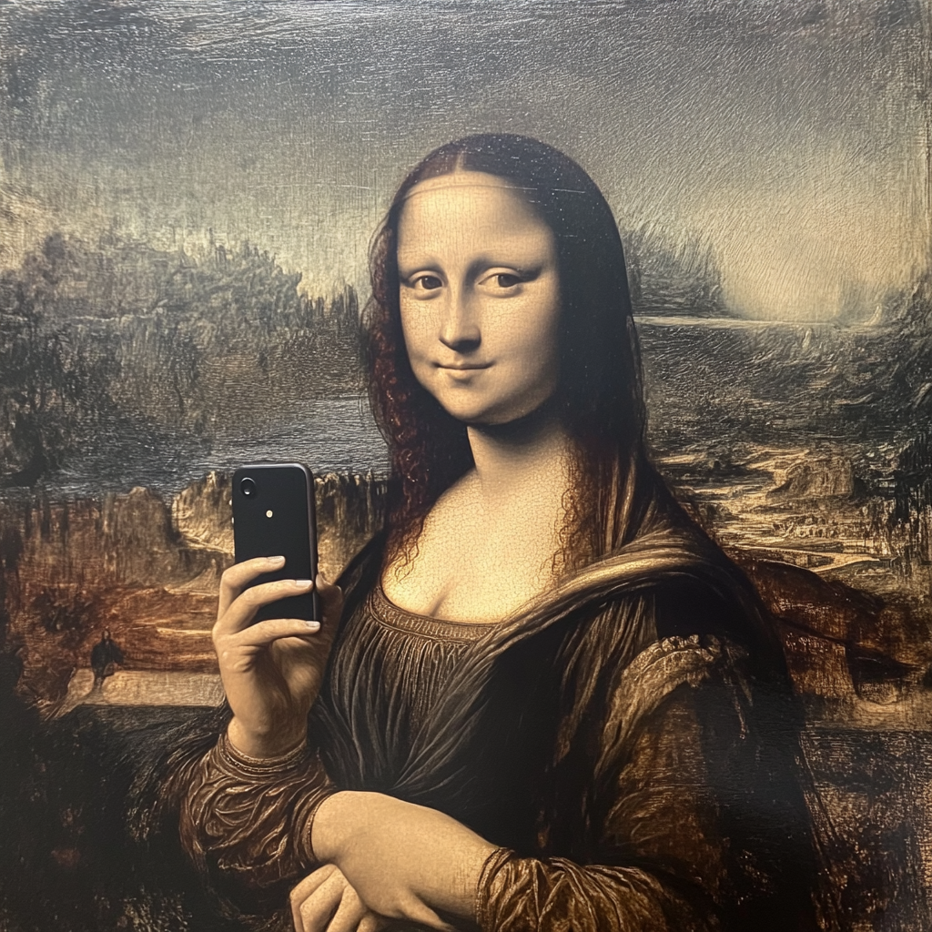 Mona Lisa takes selfie with skewed phone.