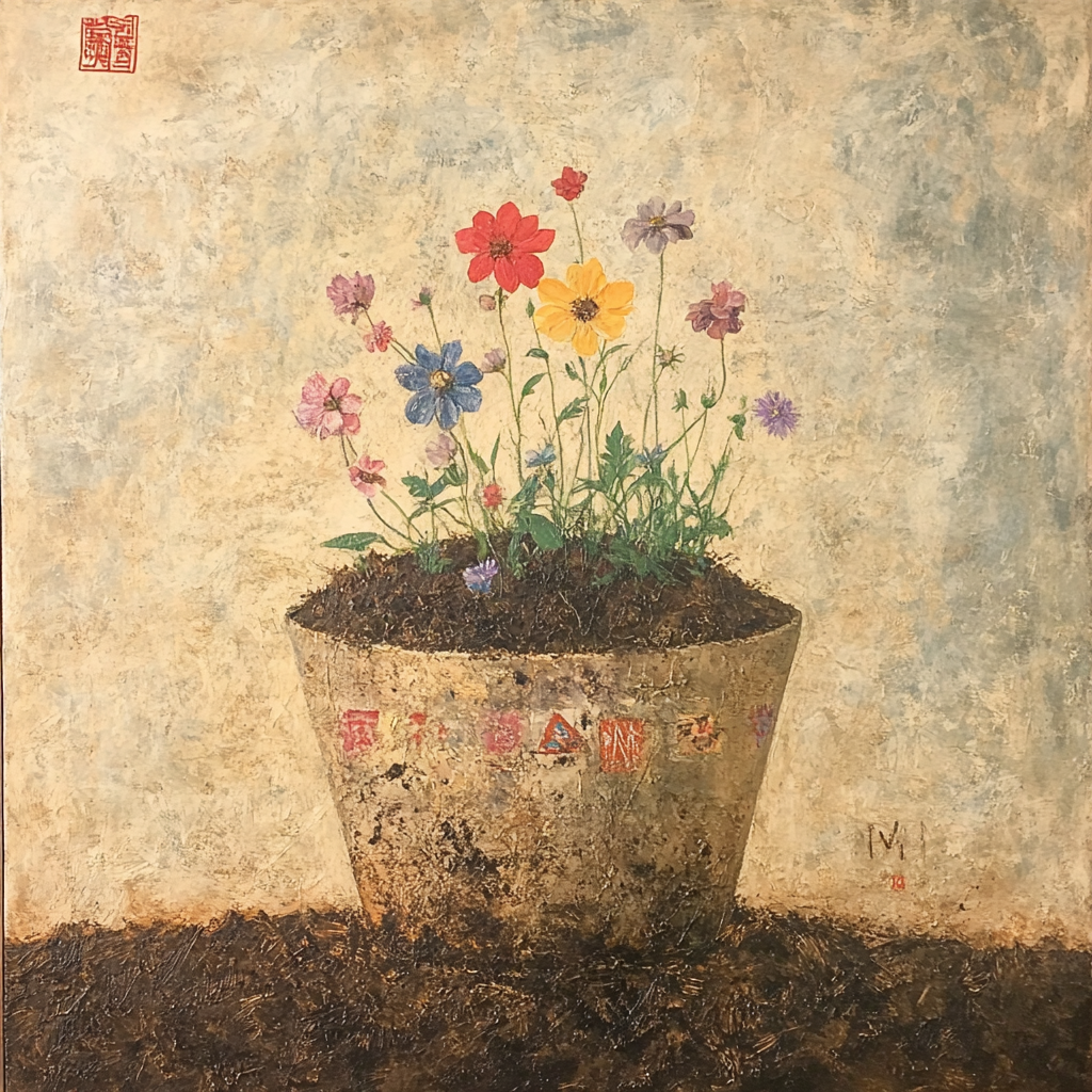 Monet's Painting: Pot of Soil with Flowers