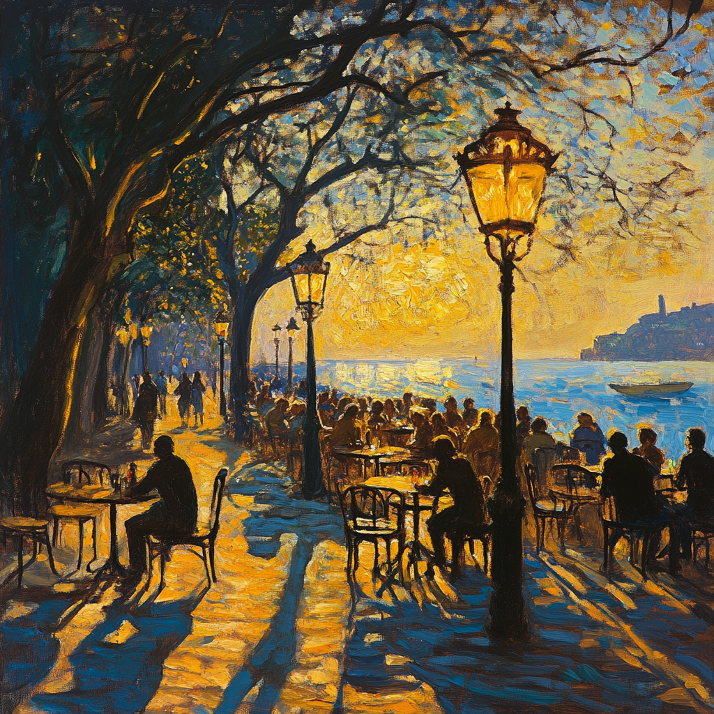 Monet painting of Copacabana scene with yellow lights.