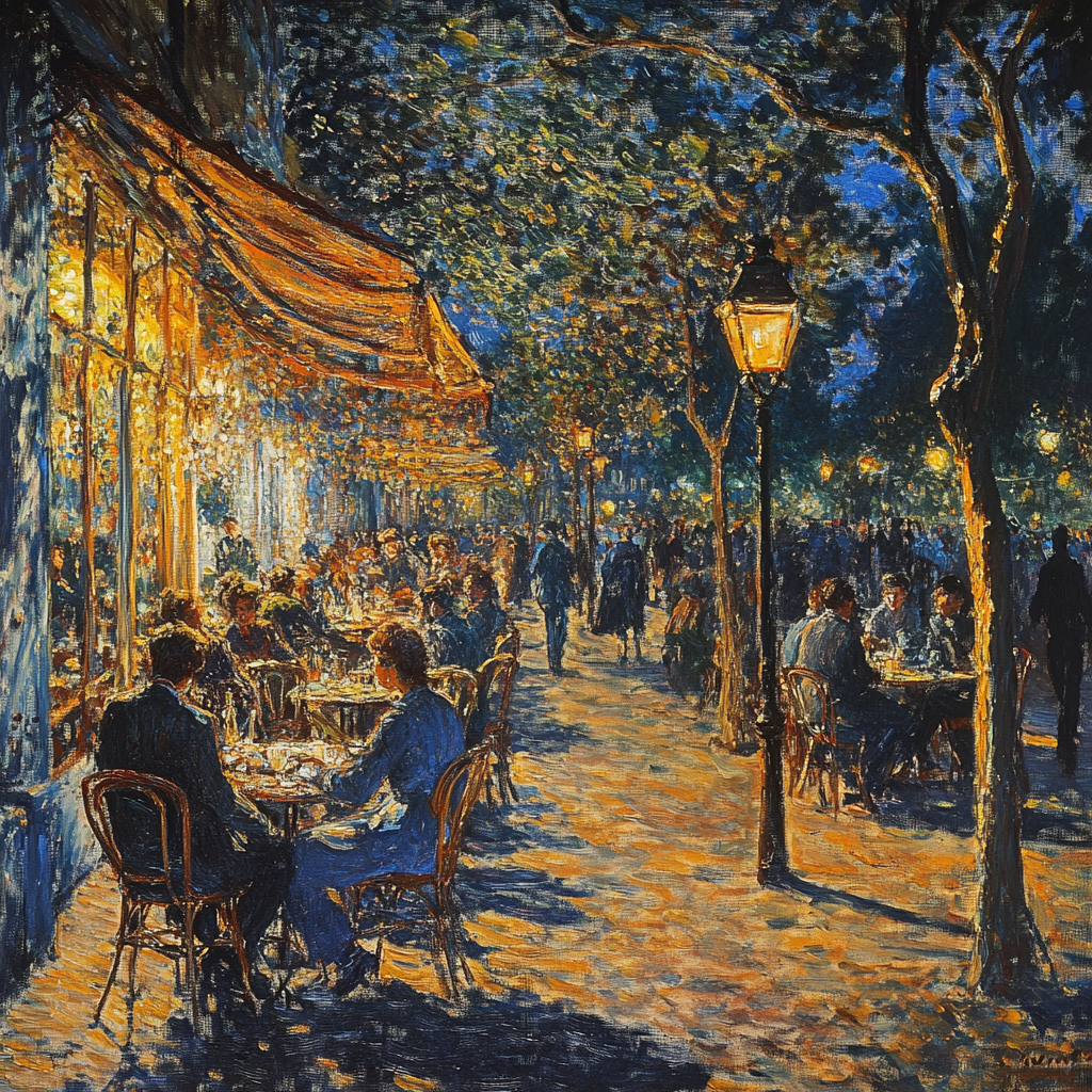 Monet painting: Paris cafe scene with holographic lamp posts.