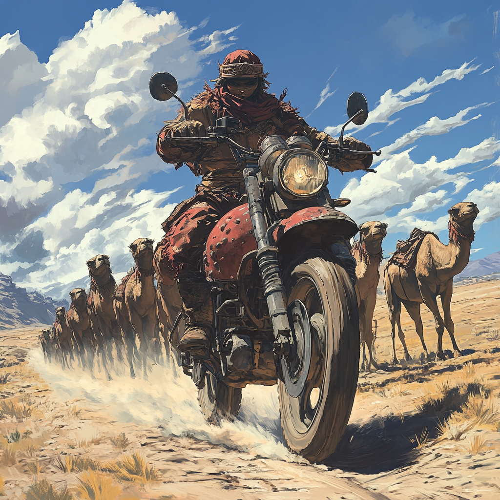 Mongol herding camels on motorcycle through dry landscape.