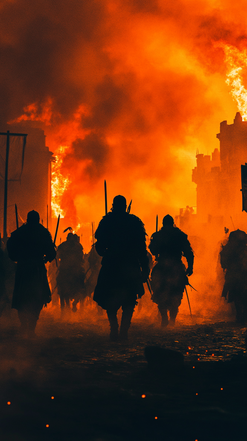 Mongol warriors conquer city in nighttime blaze