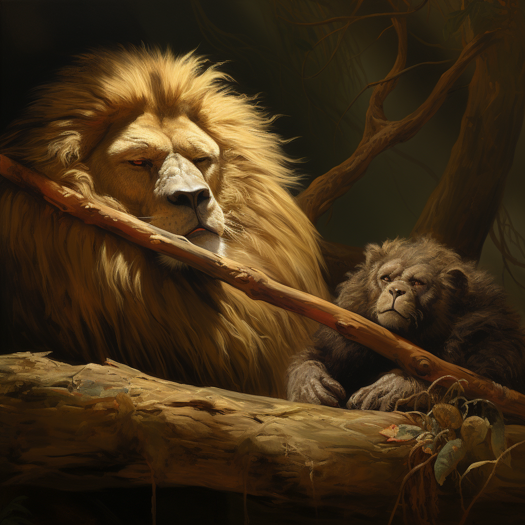 Monkey and lion with stick