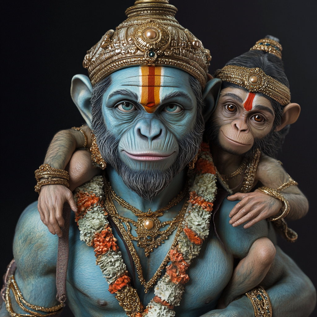 Monkey Hanumanji carrying Shri Ram and Lakshman brilliantly.