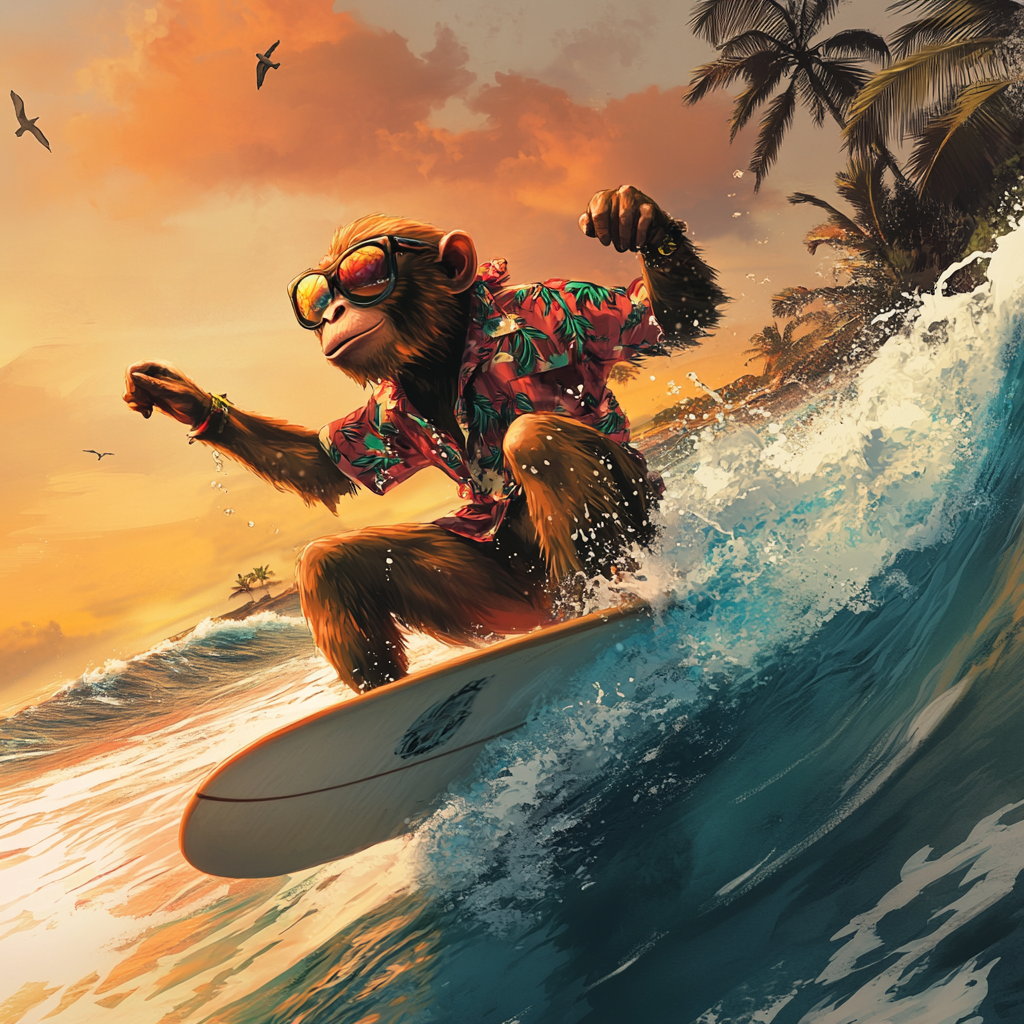 Monkey surfing a big ocean wave at sunset. Surfboard, sunglasses.